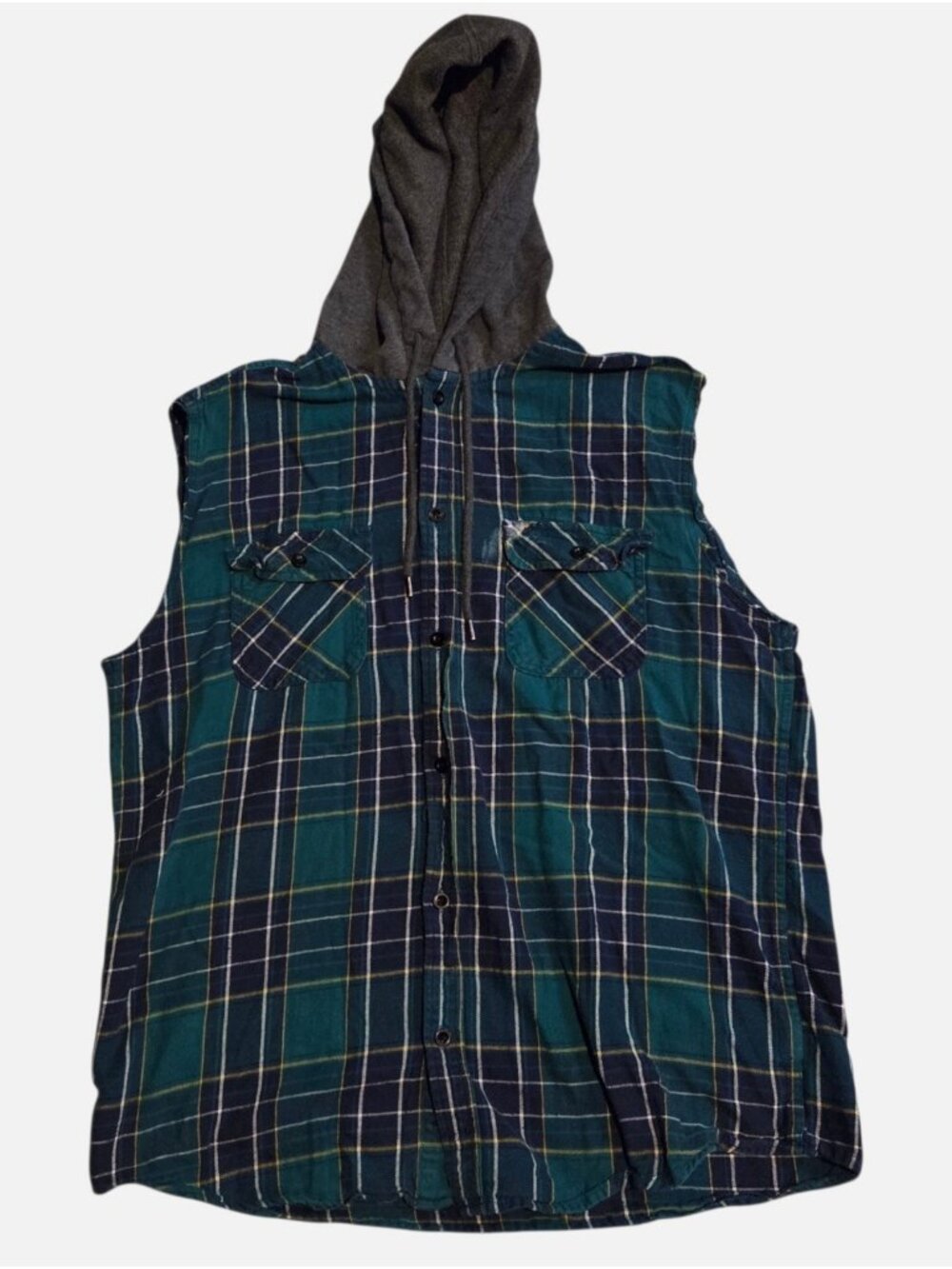 Grunge Large Hooded Button Up Shirt Cut Off Sleeves Distressed Paint Stain